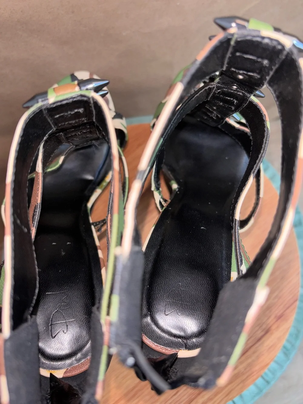 Camouflage Platform Strappy Heels with Spike Detail. Size 8